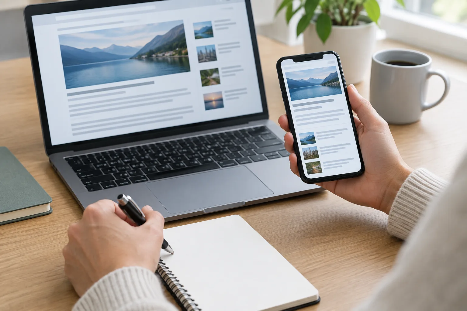 Des mains conservent la trace d’une publication consultée sur un ordinateur et un téléphone.
