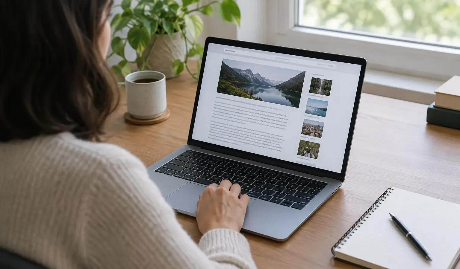 Une personne consulte une publication en ligne sur un ordinateur, un carnet ouvert à côté.