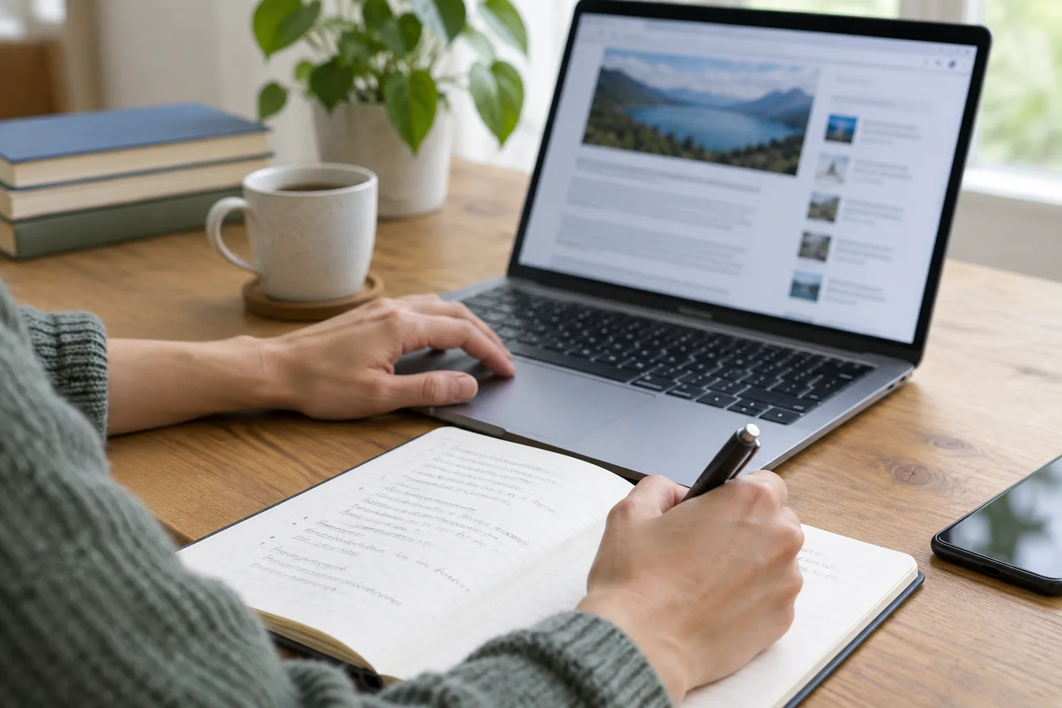 Des notes et un ordinateur accompagnent la vérification d’une page en ligne.