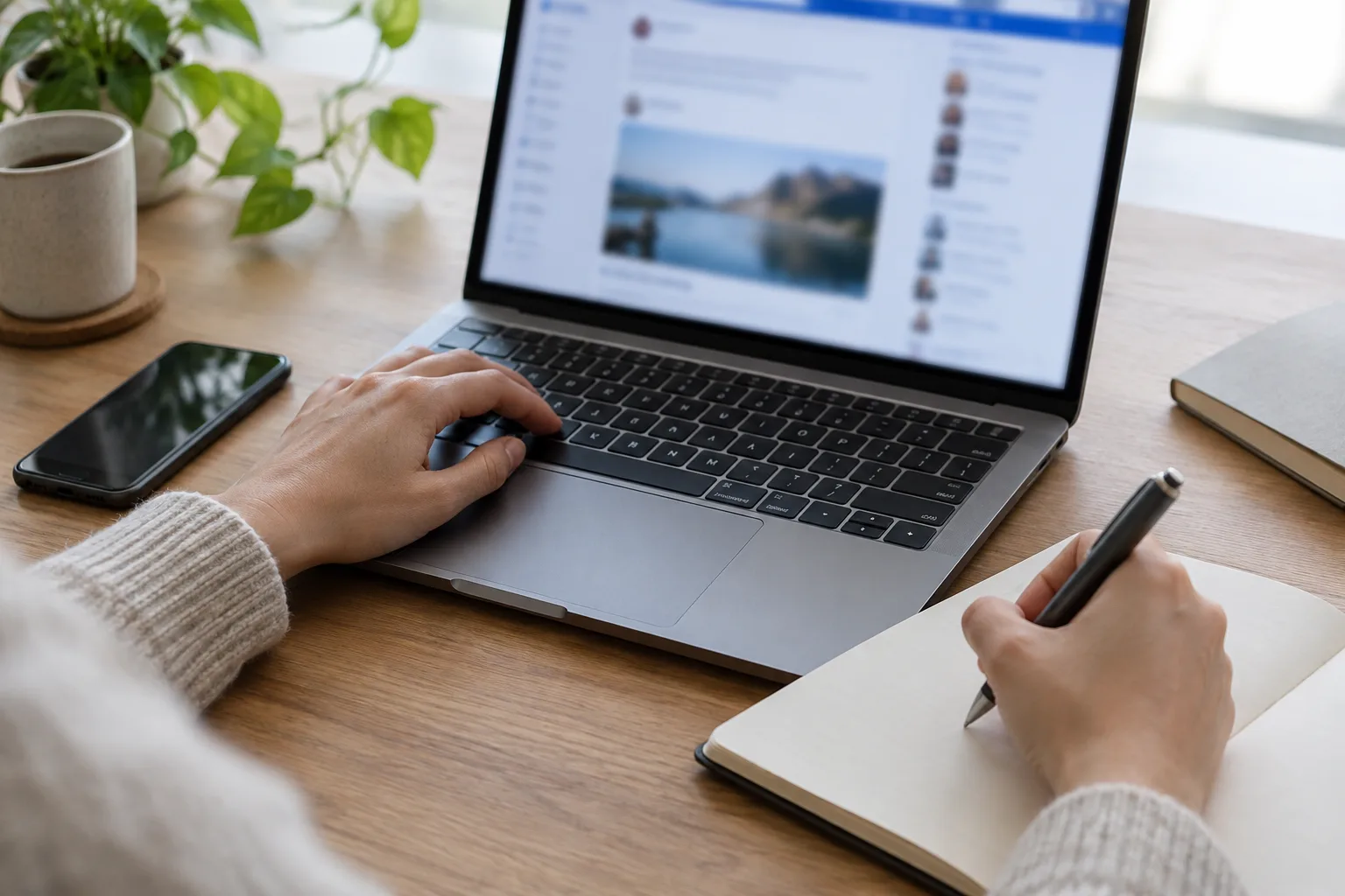 Des mains consignent les éléments d’une publication consultée sur un ordinateur.