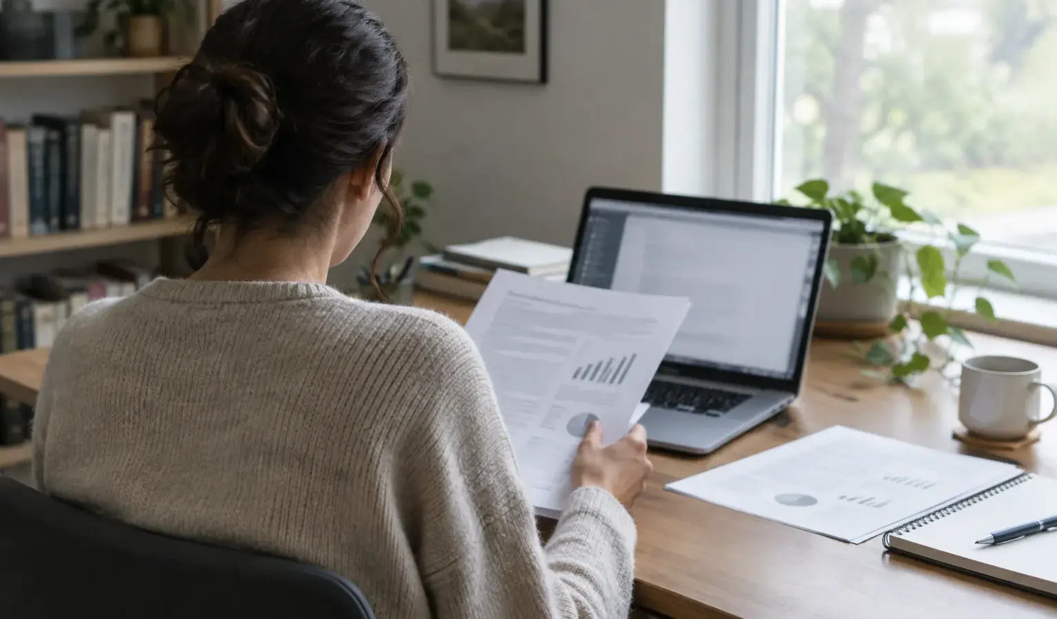 Une personne examine un article en ligne et des documents dans un bureau.