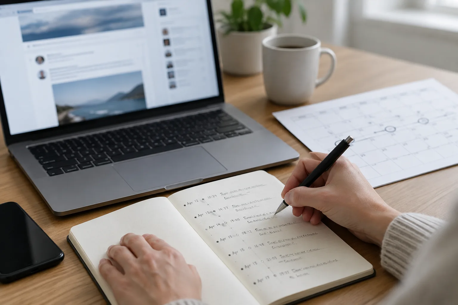 Des mains consignent des dates dans un carnet, près d’un ordinateur et d’un calendrier.