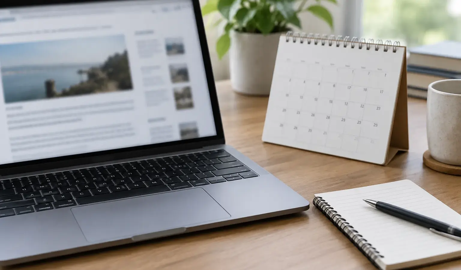 Un ordinateur affichant une page web floutée, posé près d’un calendrier et d’un carnet.