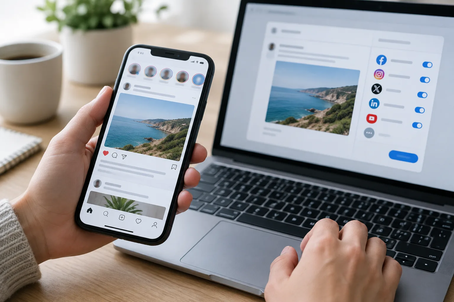 Un téléphone et un ordinateur affichent des interfaces de réseaux sociaux sans texte lisible.