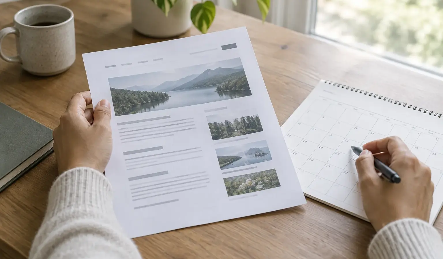 Une personne examine des pages imprimées et un calendrier sur un bureau.