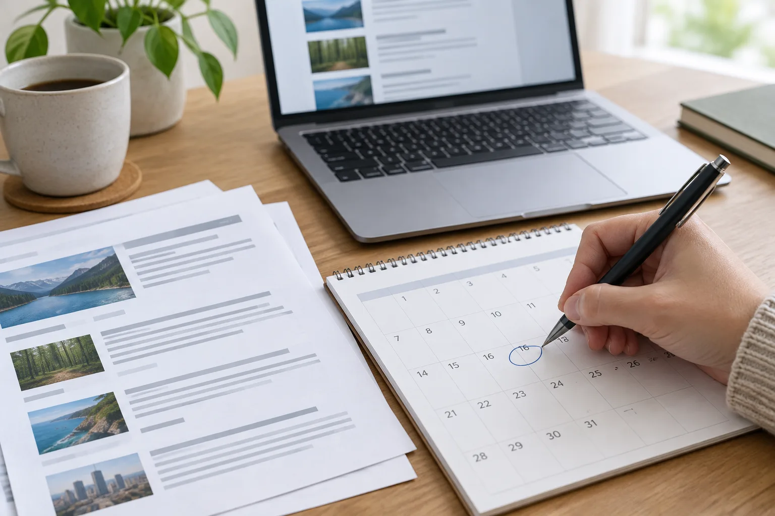 Une personne note une date dans un calendrier, près de documents imprimés et d’un ordinateur.
