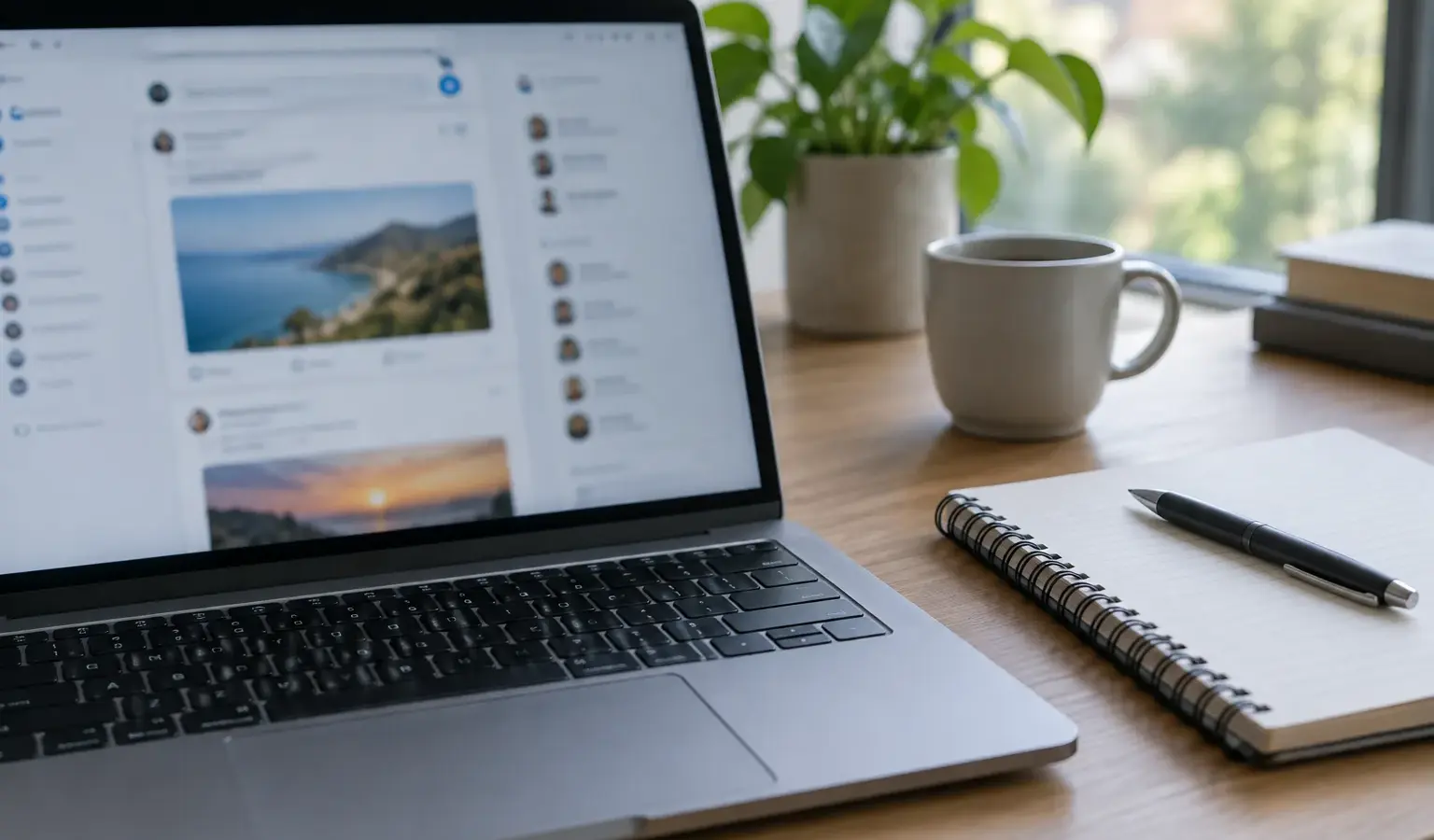 Un ordinateur affichant une page web indistincte près d’un carnet ouvert.
