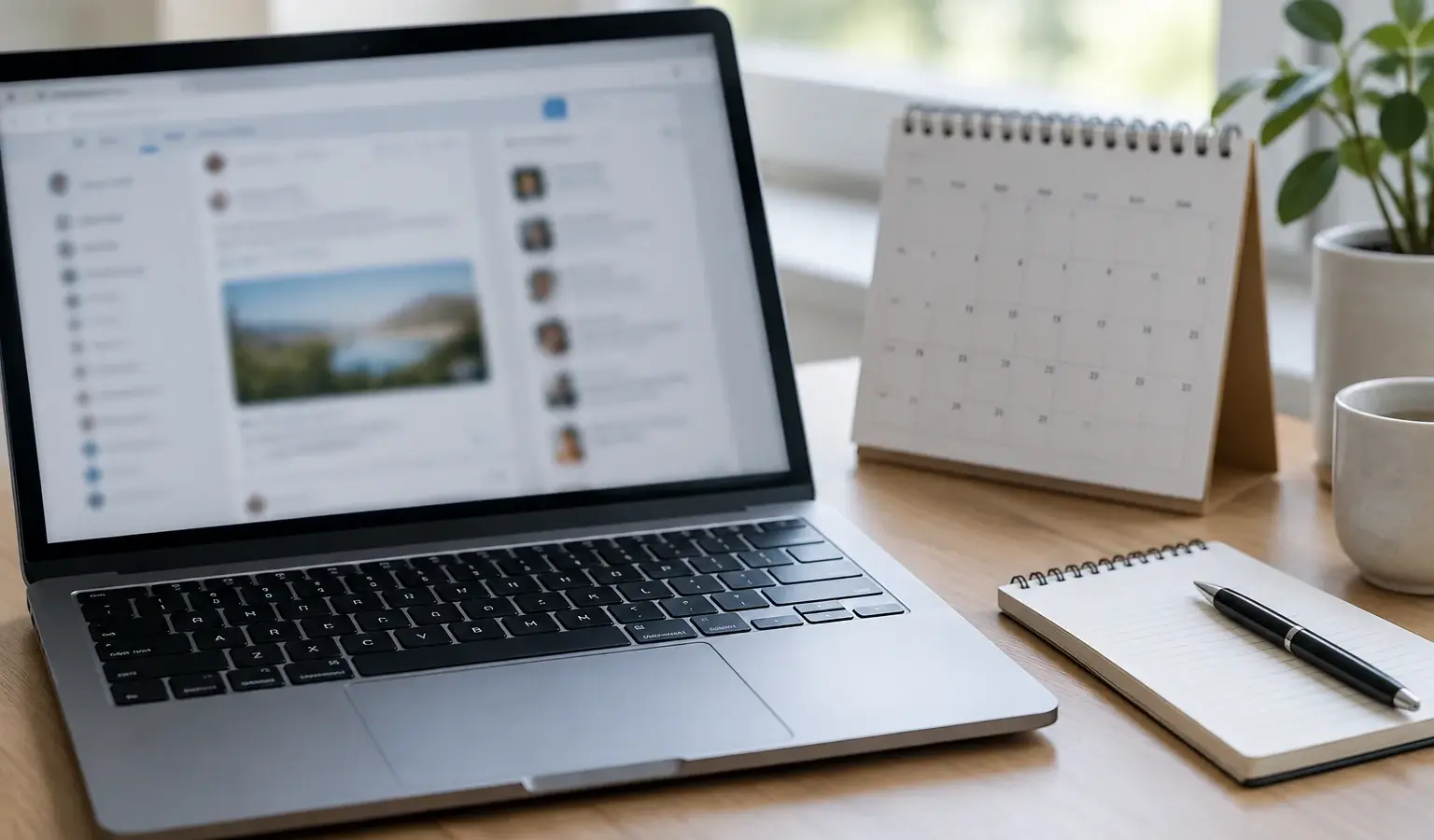 Un ordinateur affichant une page web floutée, à côté d’un calendrier et d’un carnet.