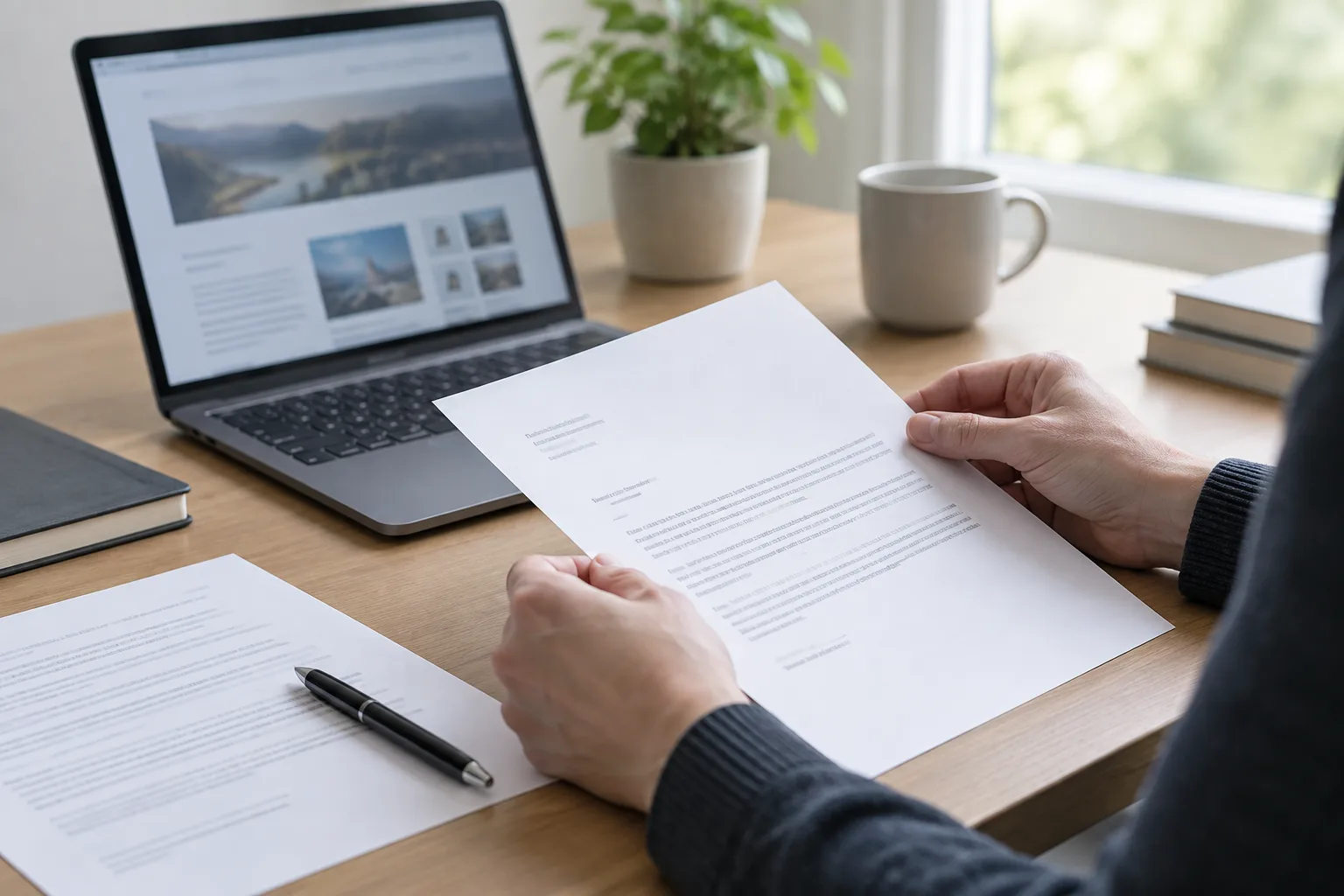 Des mains préparent un courrier à côté d’un ordinateur affichant une page web floue.