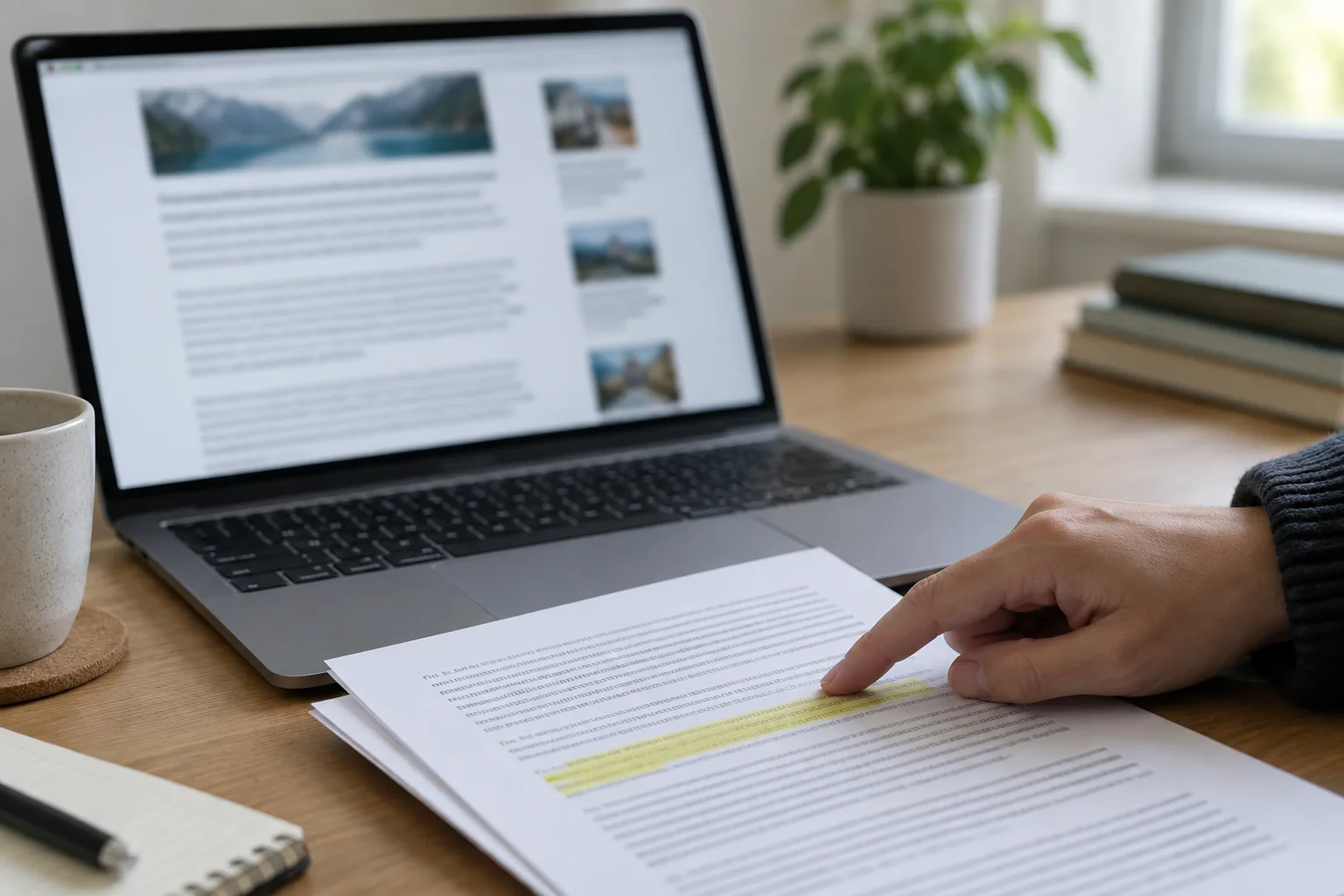 Une main repère un passage dans une copie imprimée d’un article consulté sur ordinateur.
