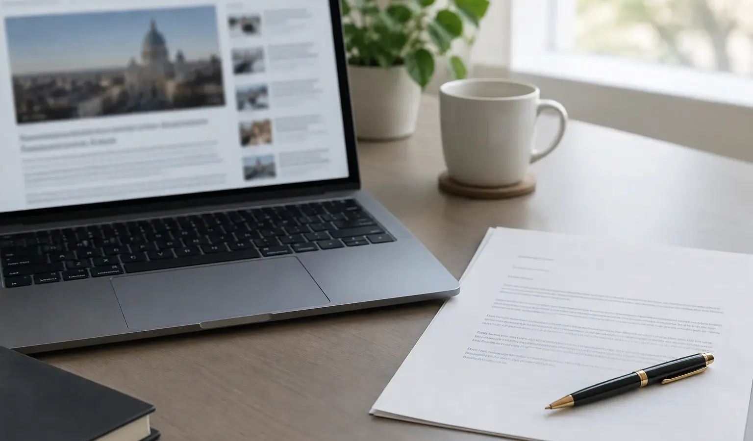 Un ordinateur affichant une page d’article floue à côté d’une lettre et d’un stylo.