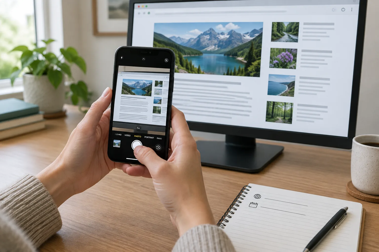 Une personne photographie une page web sur un écran et note des informations dans un carnet.