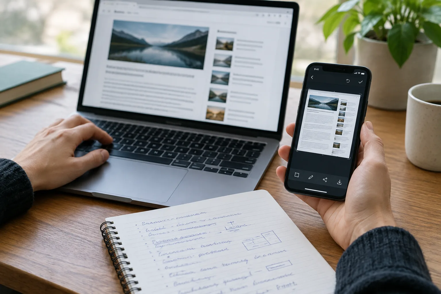 Un ordinateur et un téléphone affichent une page web pendant que des notes sont prises.