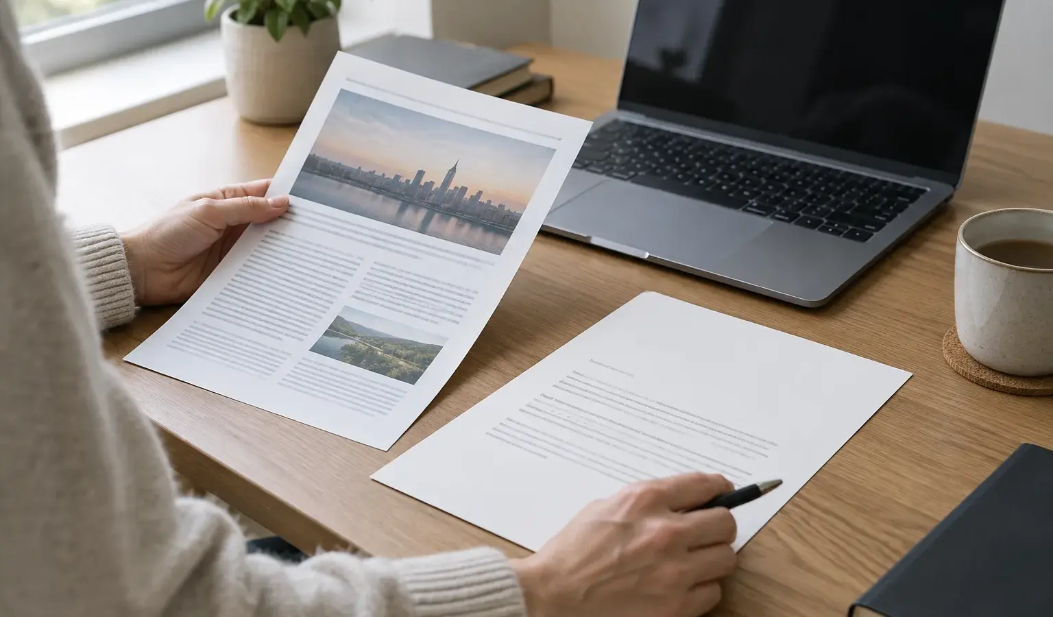 Des mains examinent un article imprimé et préparent un courrier à côté d’un ordinateur.