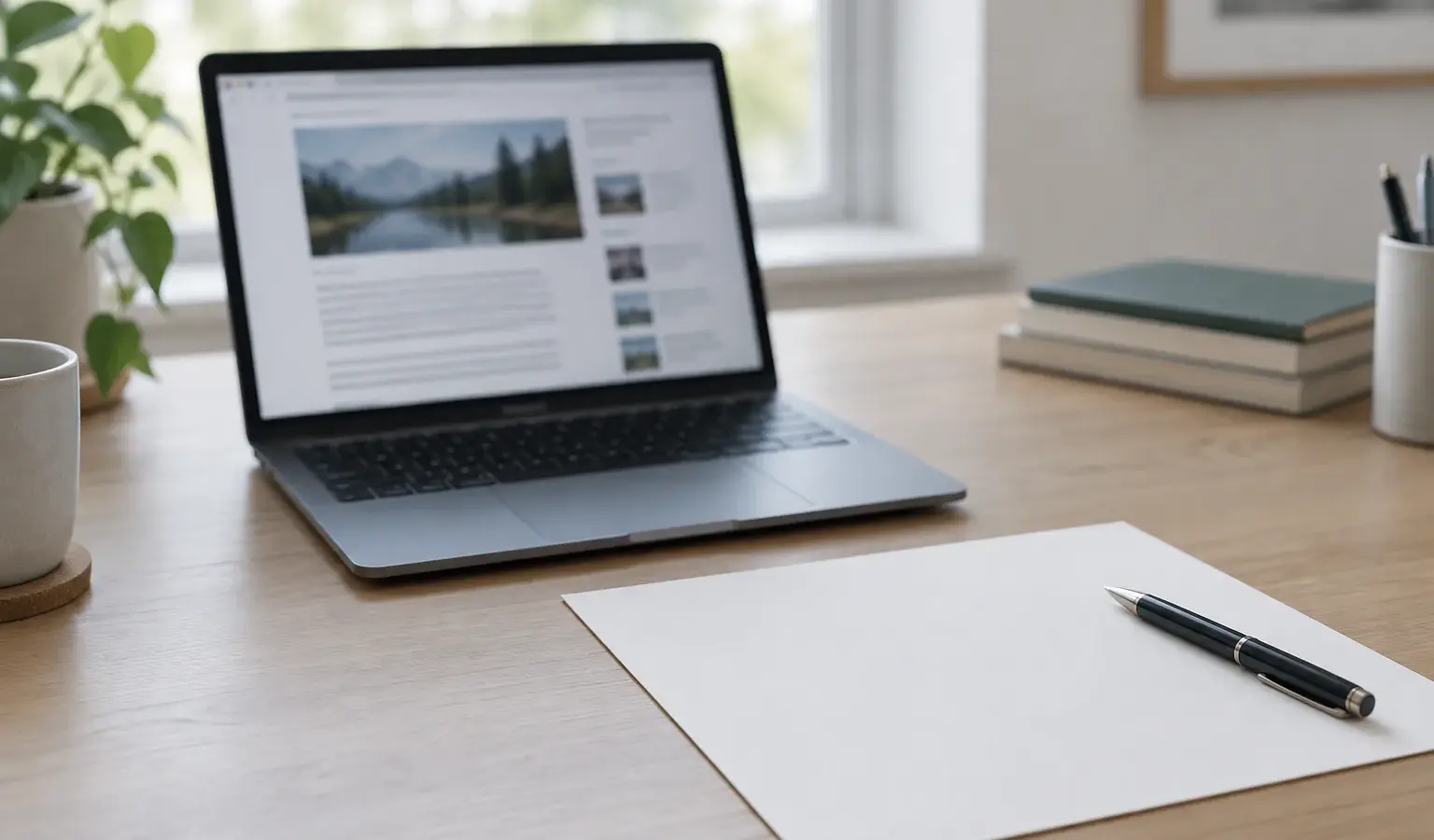 Un ordinateur affichant une page web floutée à côté d’une lettre et d’un stylo.