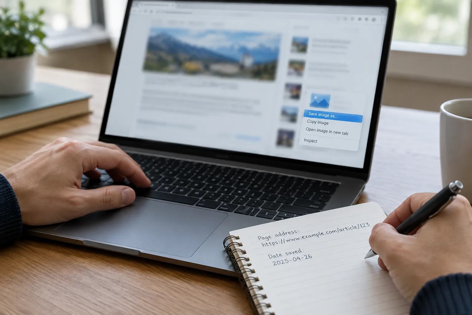 Des mains conservent une page web sur un ordinateur et notent des informations dans un carnet.