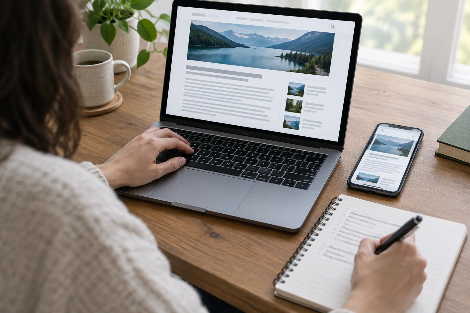Des mains consultent une page sur un ordinateur et prennent des notes dans un carnet.