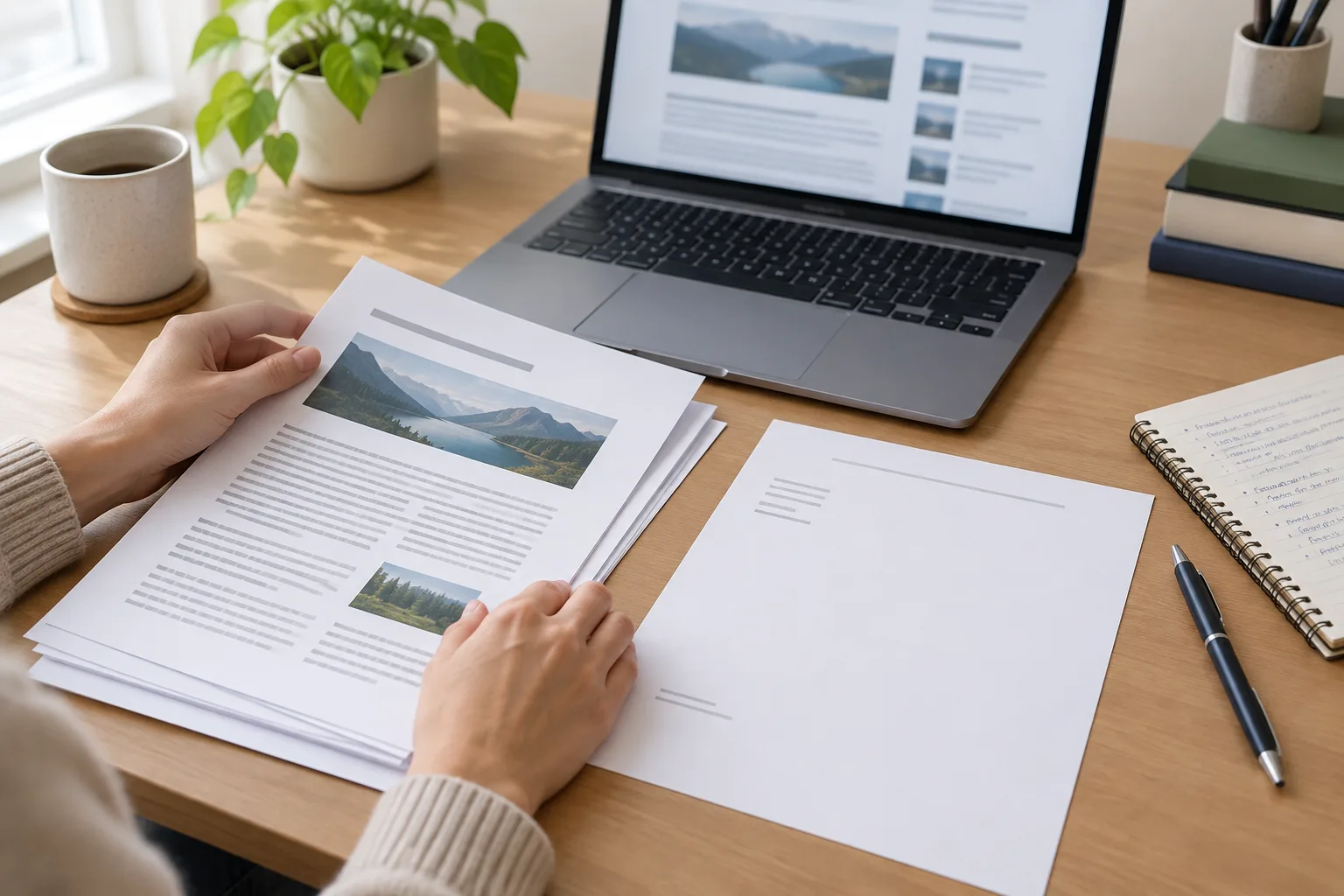 Des mains rassemblent un article imprimé, un ordinateur et des documents pour préparer une demande.