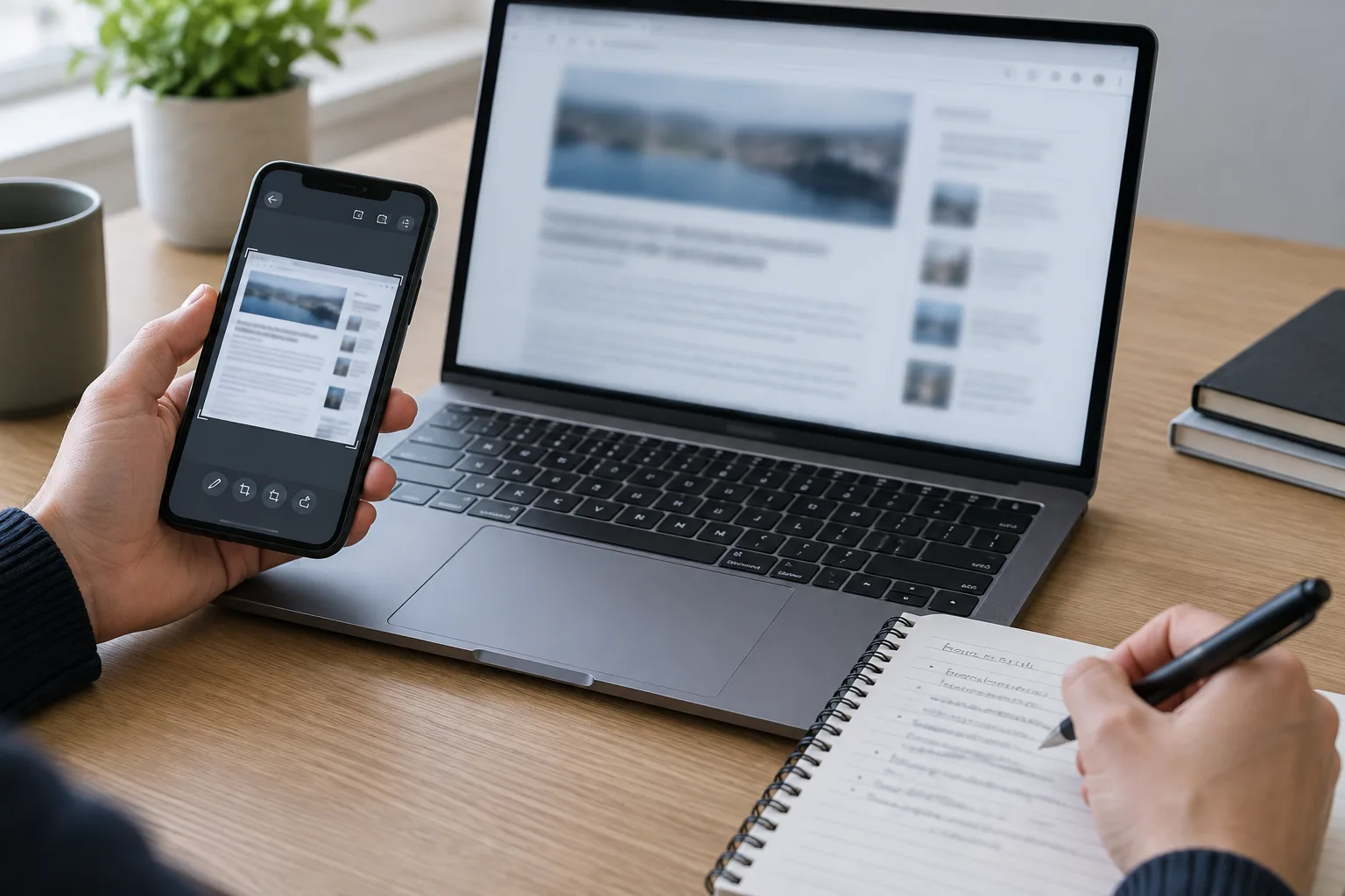 Une personne conserve une copie d’une publication en ligne à l’aide d’un ordinateur et d’un téléphone.