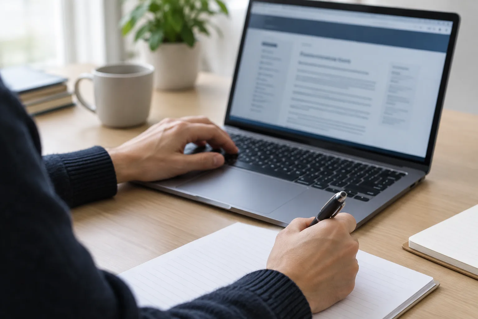 Des mains consultent les informations d’un site sur un ordinateur à côté d’un courrier en préparation.