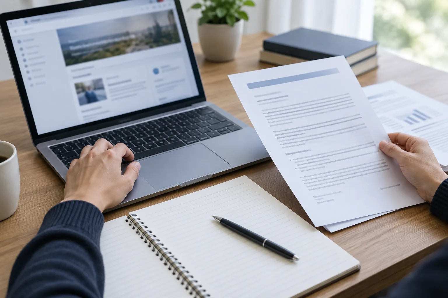 Des mains organisent des documents et un ordinateur pour préparer une demande liée à une publication en ligne.