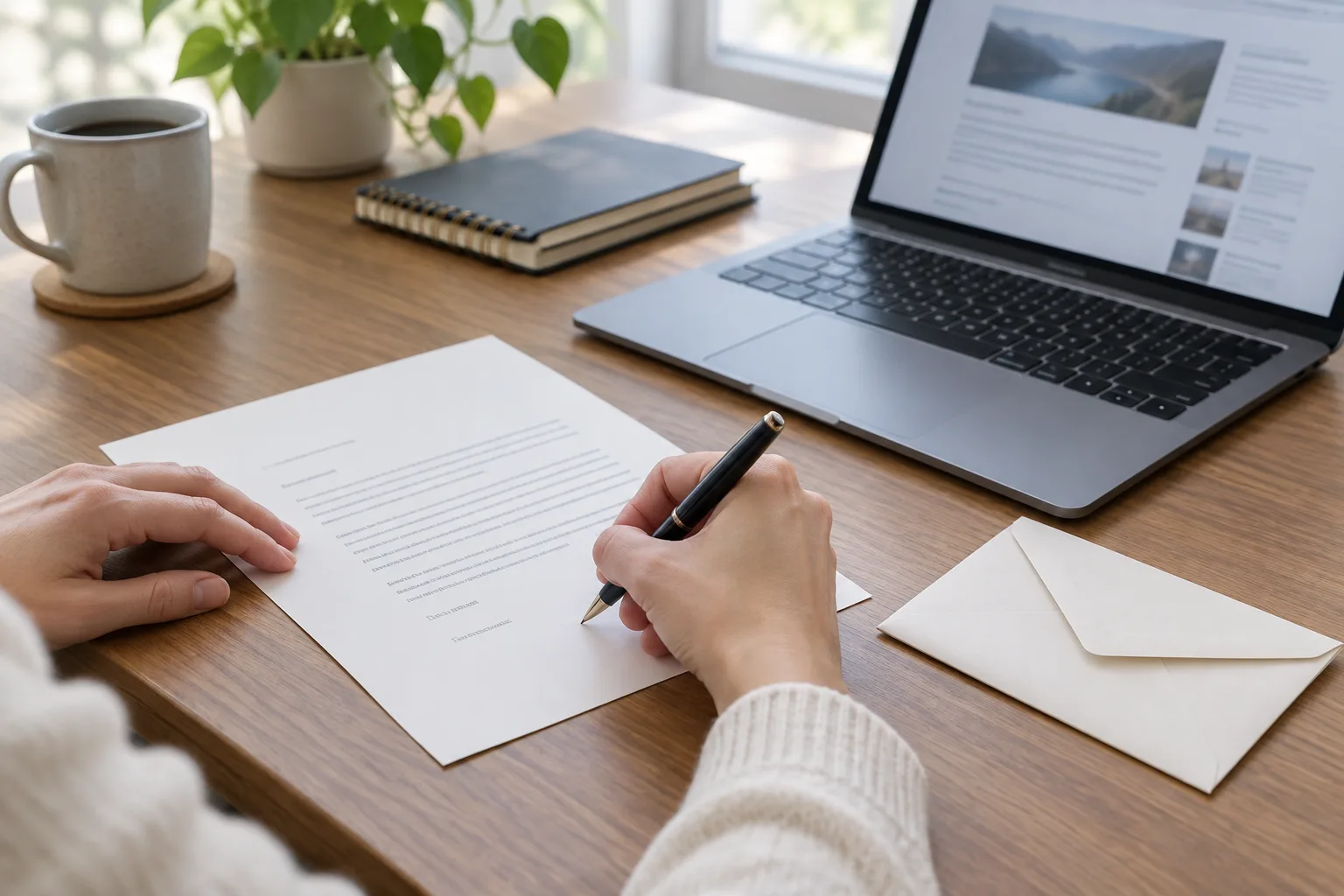 Des mains préparent une lettre à côté d’un ordinateur affichant une page web floue.