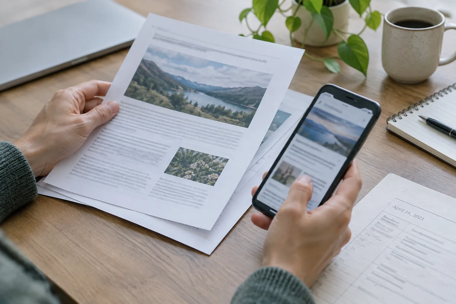 Des mains réunissent une page imprimée et un téléphone pour repérer une publication en ligne.