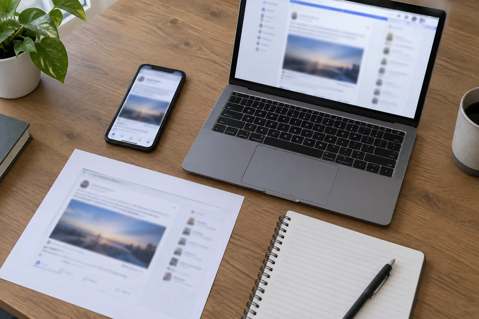 Un ordinateur, un téléphone et des documents réunis pour conserver les éléments d’une publication en ligne.