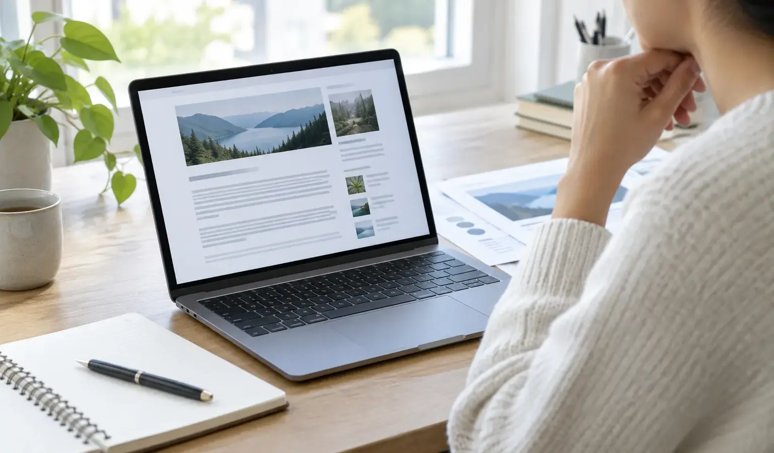 Une personne consulte une publication en ligne sur un ordinateur, avec un carnet et des documents à portée de main.