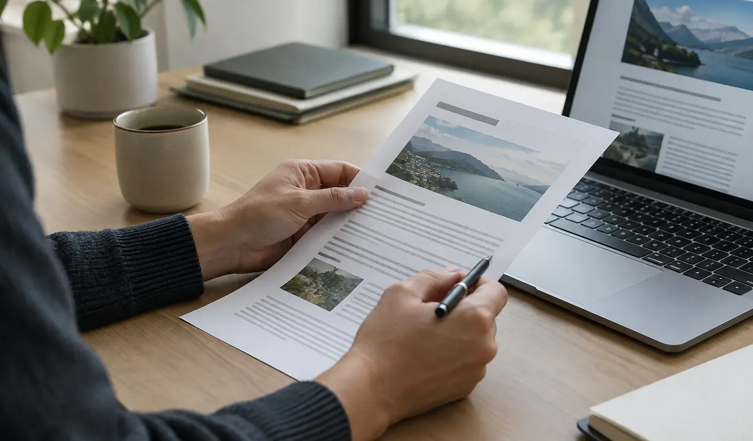 Des mains examinent un article imprimé à côté d’un ordinateur portable.