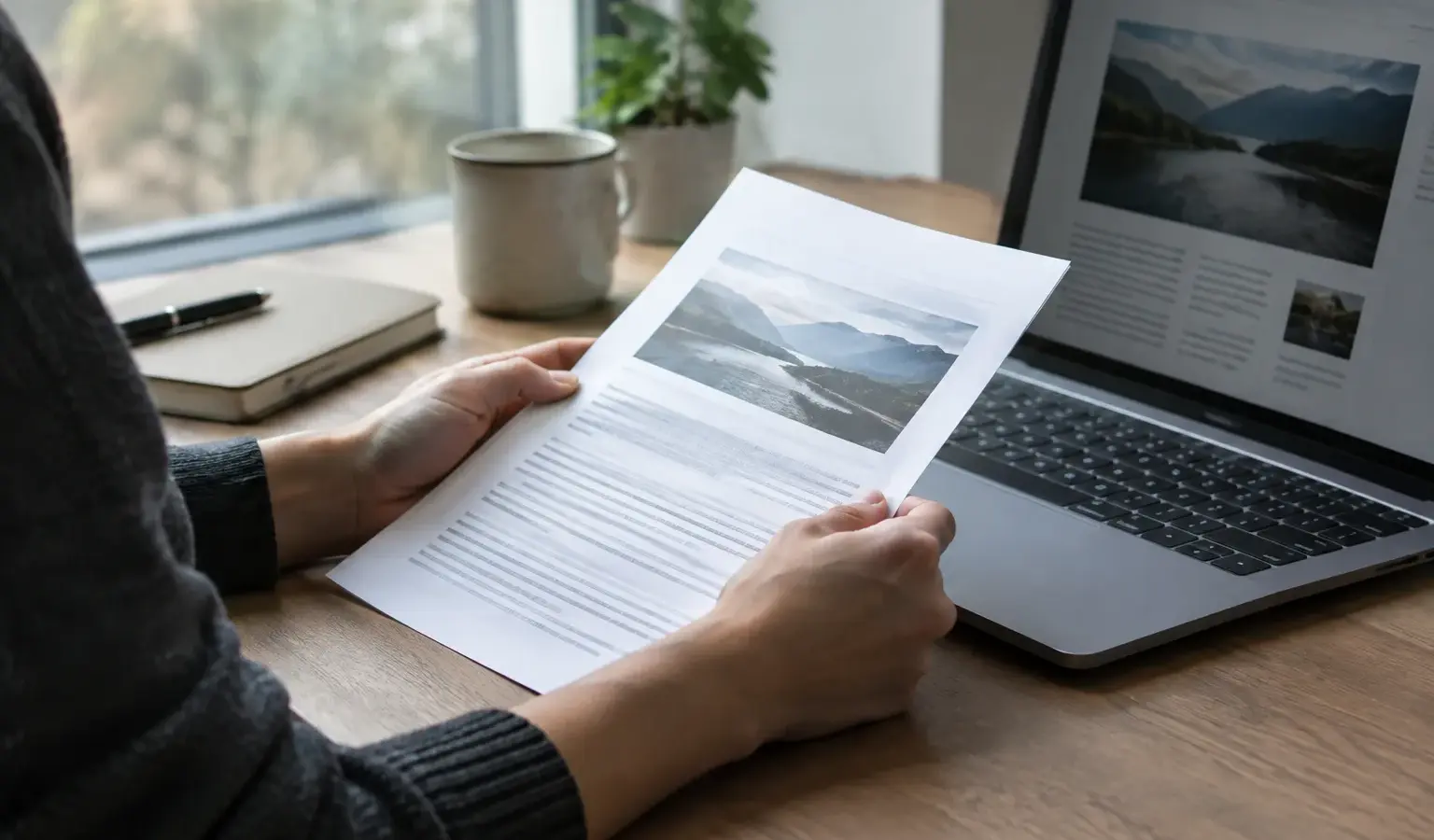 Des mains examinent un article imprimé à côté d’un ordinateur portable.