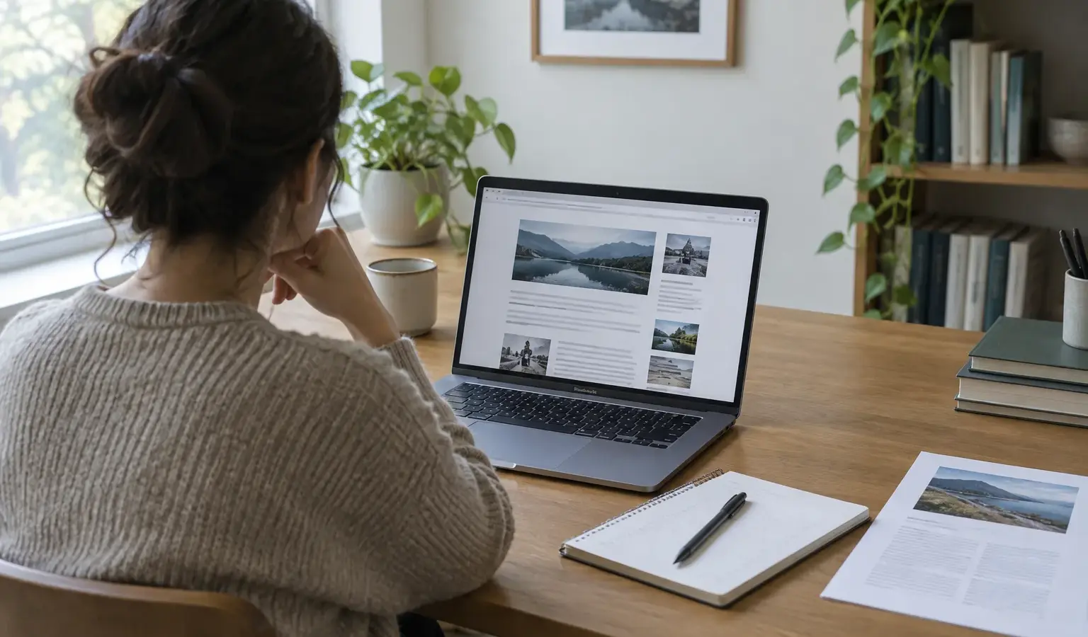 Une personne consulte une publication en ligne sur un ordinateur portable, avec un carnet posé à côté.