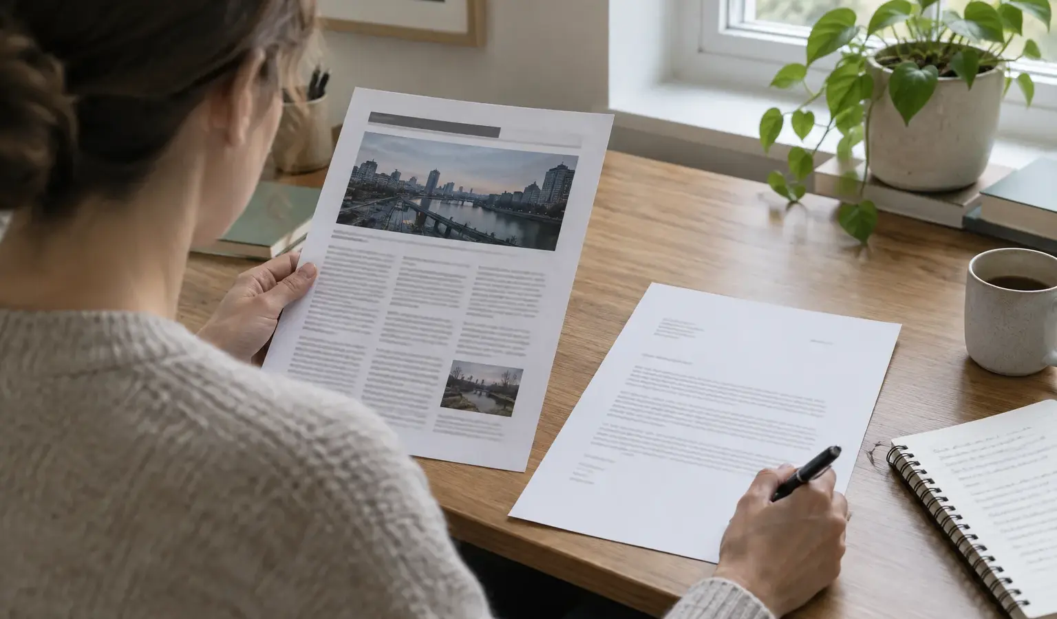 Une personne examine un article imprimé et prépare une réponse écrite à son sujet.