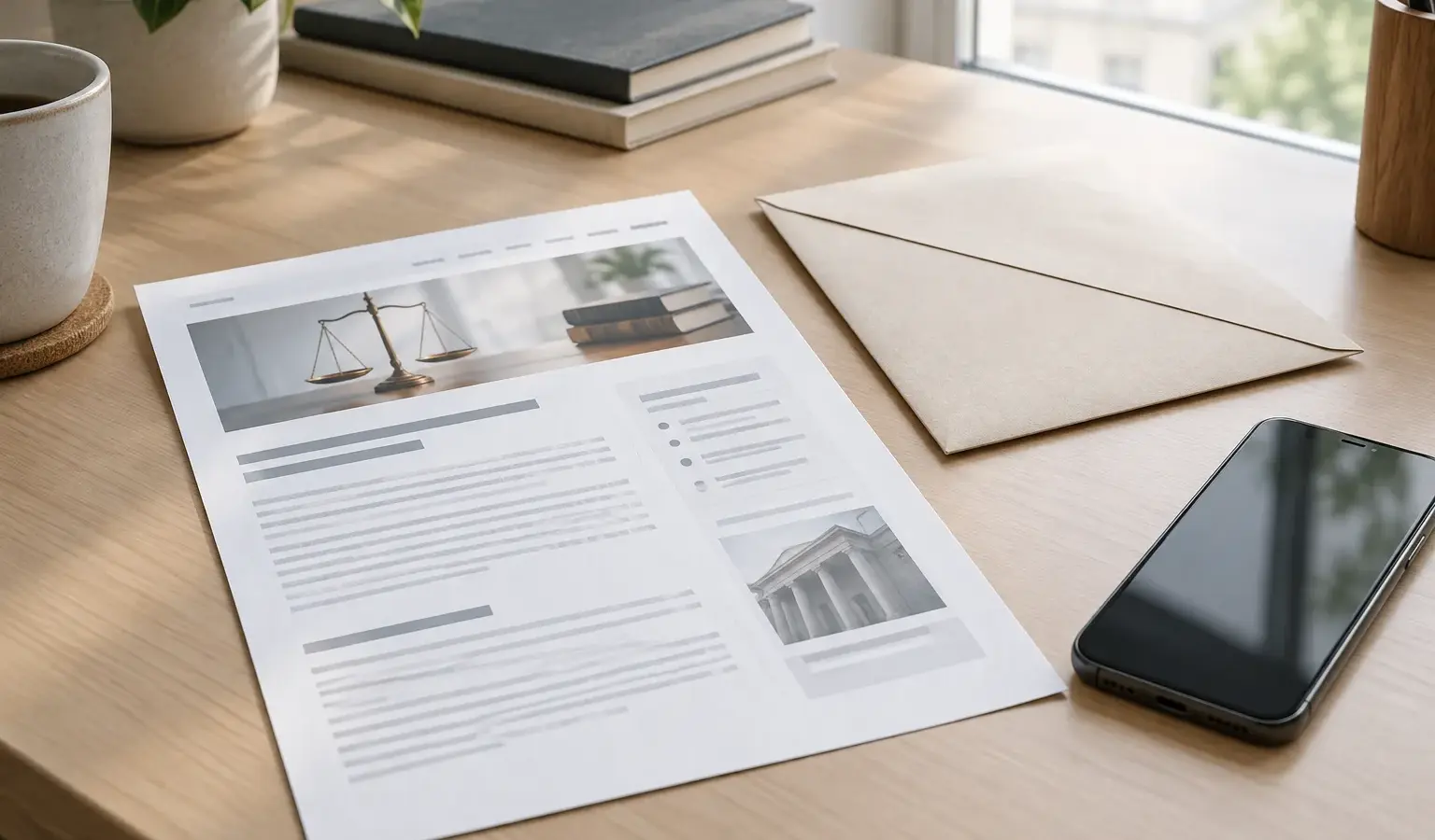 Un téléphone affichant une page web à côté d’un courrier préparé sur un bureau.