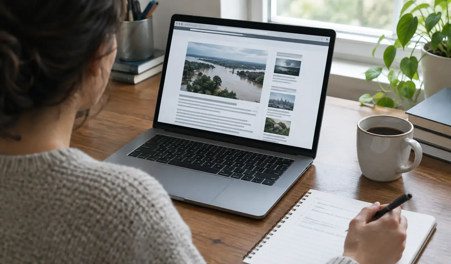 Une personne consulte un article en ligne sur un ordinateur, un carnet ouvert à côté.