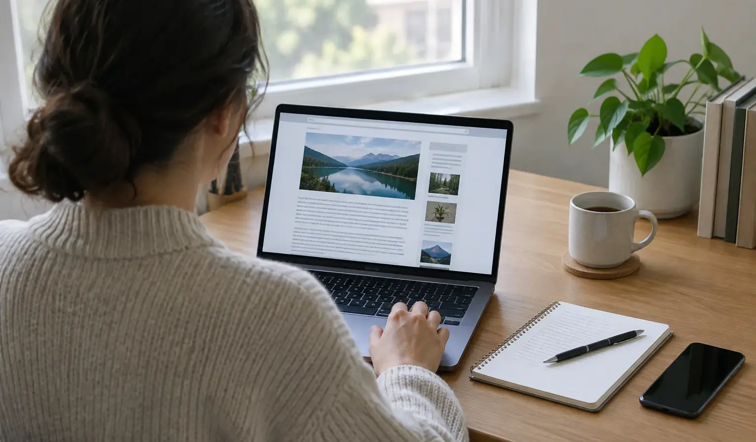Une personne consulte une page en ligne et prépare une démarche écrite à son bureau.