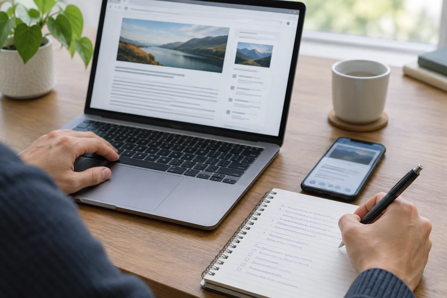 Des mains consultent une page web sur un ordinateur et prennent des notes dans un carnet.