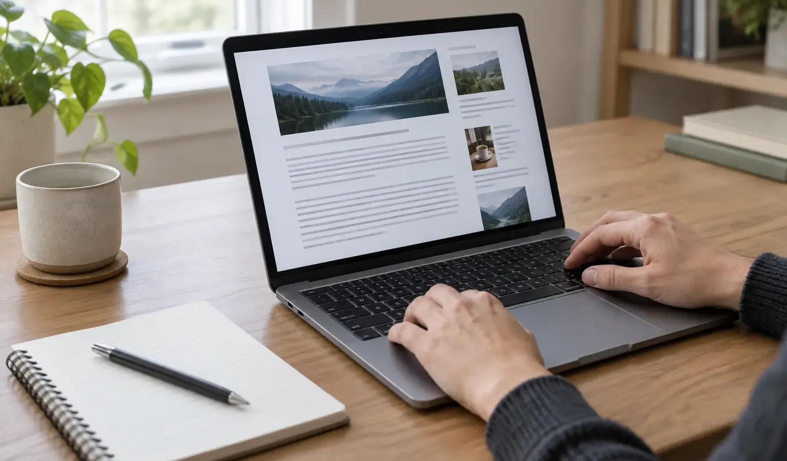 Un ordinateur affichant une page web, avec un carnet et un stylo posés à côté.