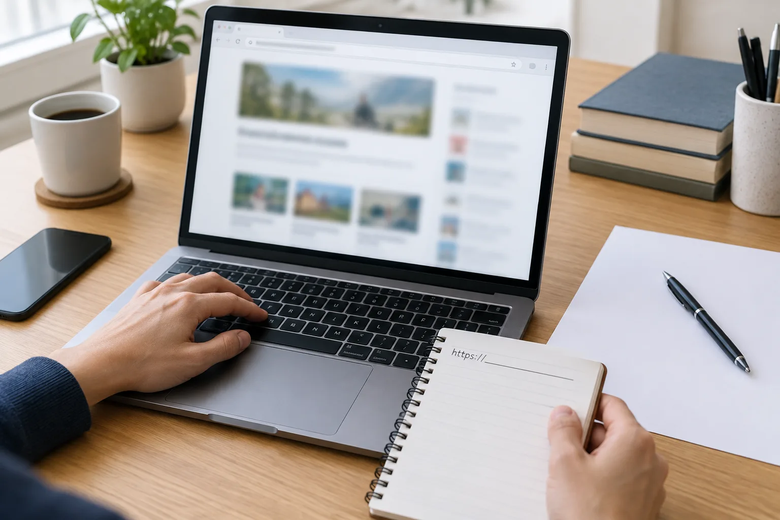 Des mains consultent une page web floutée sur un ordinateur, avec une lettre vierge posée à côté.