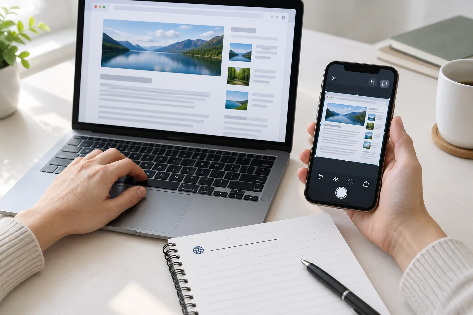 Une personne conserve des éléments d’une page en ligne à l’aide d’un ordinateur, d’un téléphone et d’un carnet.