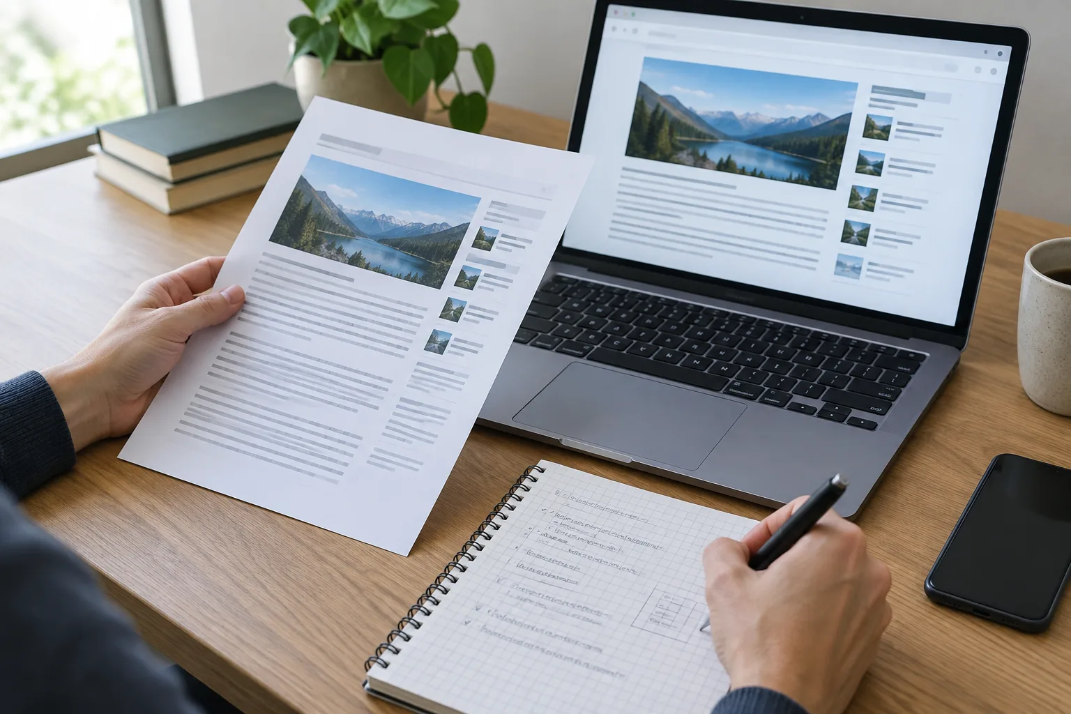 Des mains vérifient une page web sur un ordinateur à côté d’une impression et de notes.