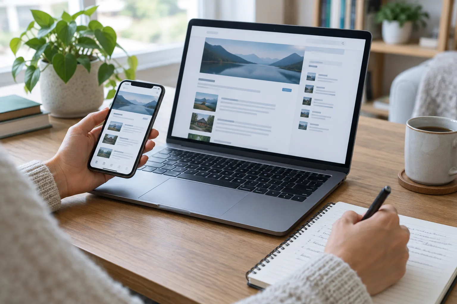 Des mains consultent une page web sur un ordinateur et un téléphone, avec un carnet posé à côté.