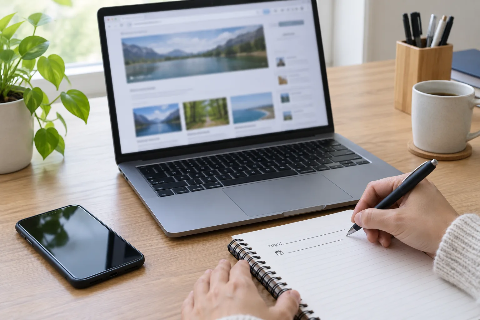 Un ordinateur et un carnet utilisés pour consigner les informations d’une publication en ligne.