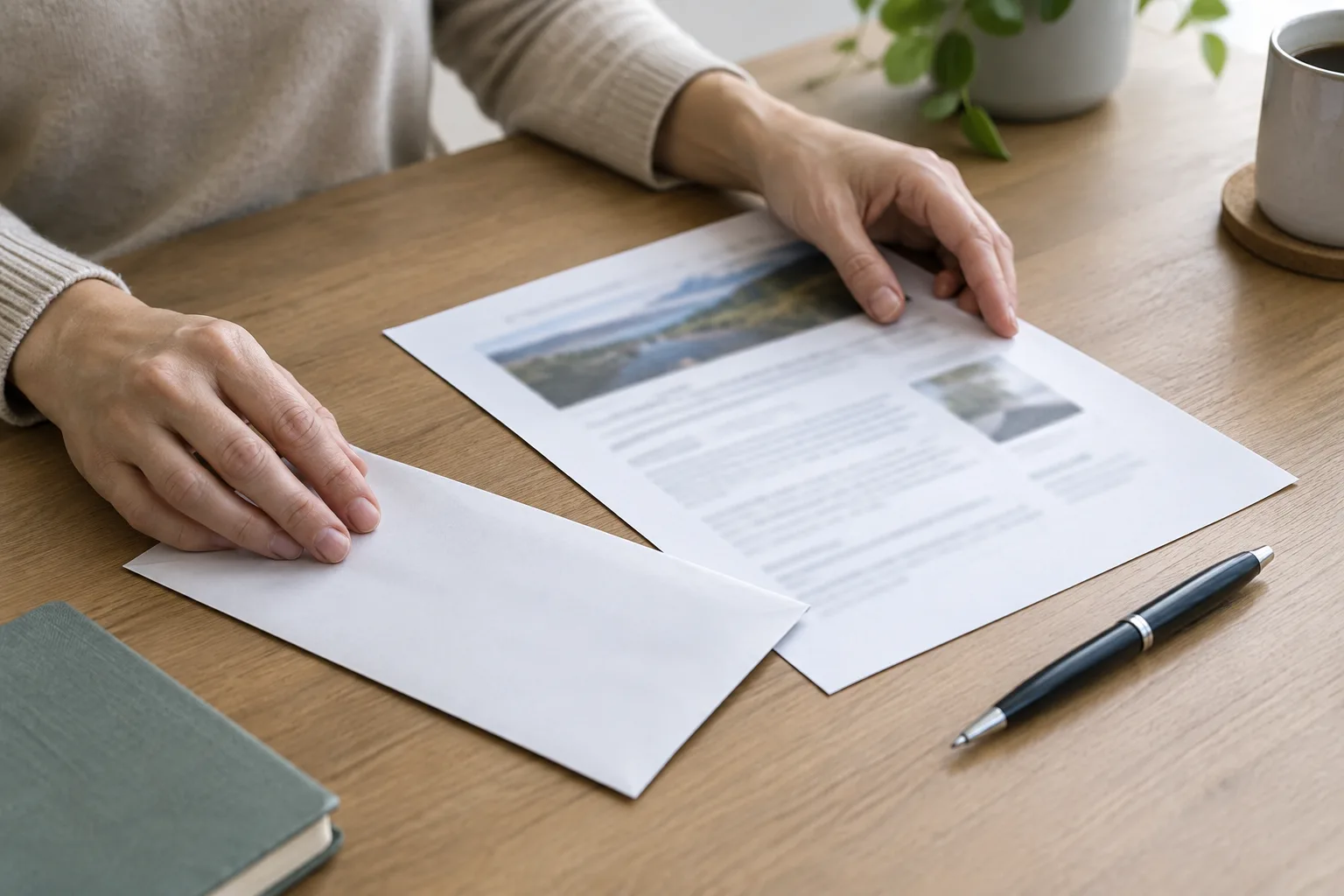 Des mains préparent un courrier à partir d’une page imprimée dont le texte est flou.