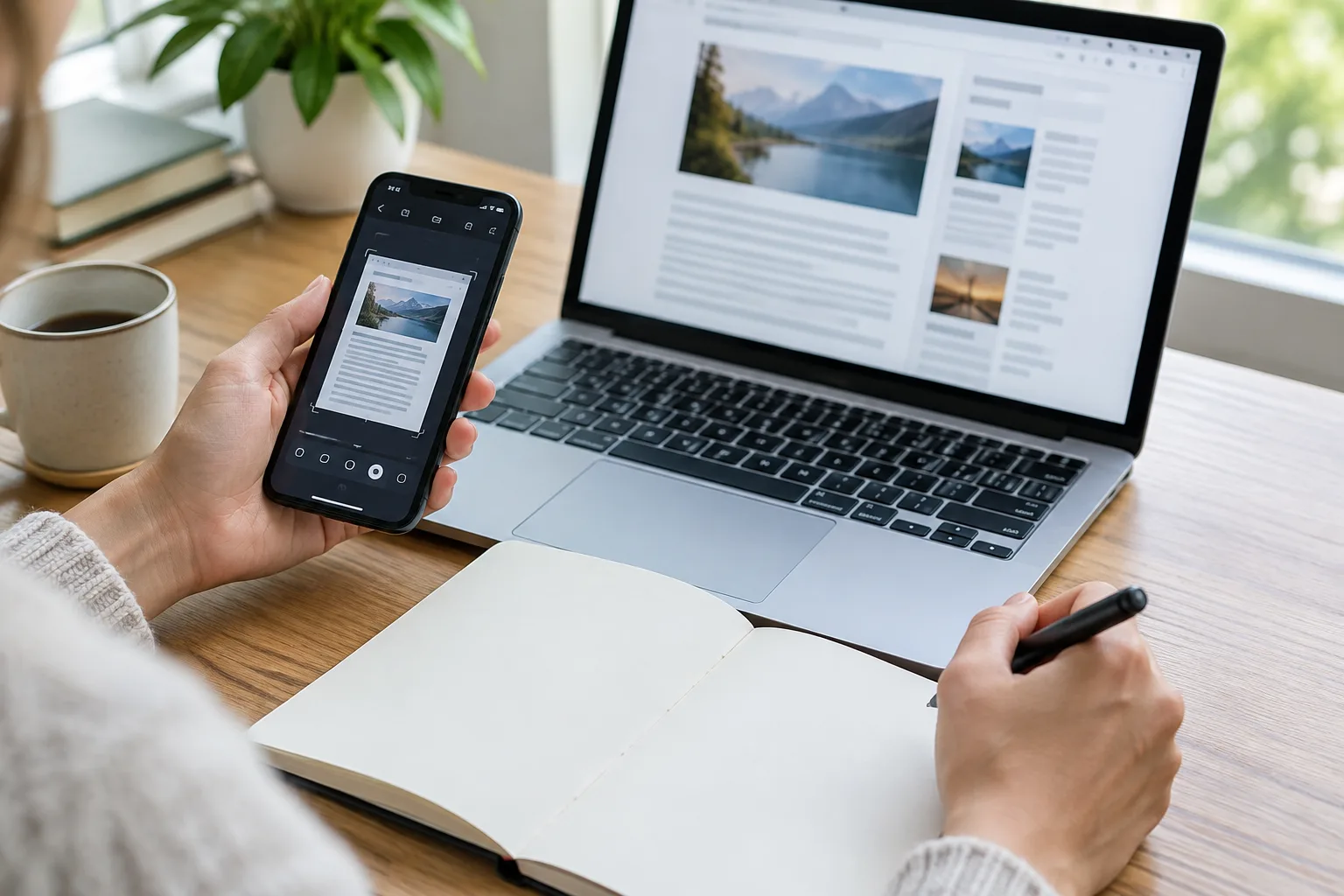 Des mains consultent une page web et préparent des éléments de suivi sur un bureau.