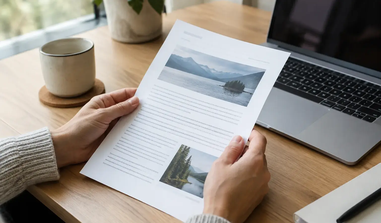 Une personne examine une publication imprimée à côté d’un ordinateur portable.