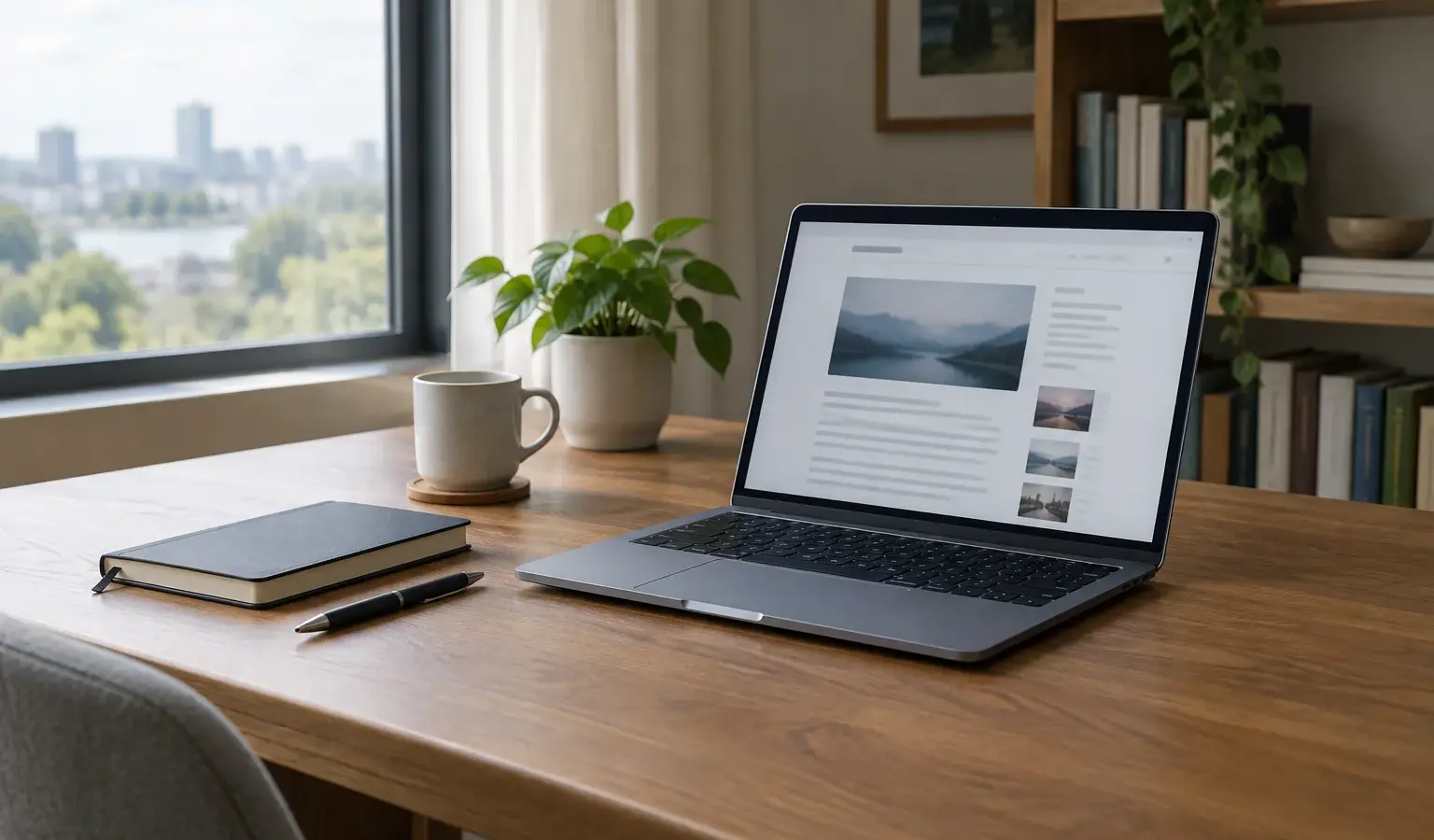 Un ordinateur affichant une page web indistincte, posé sur un bureau avec un carnet.