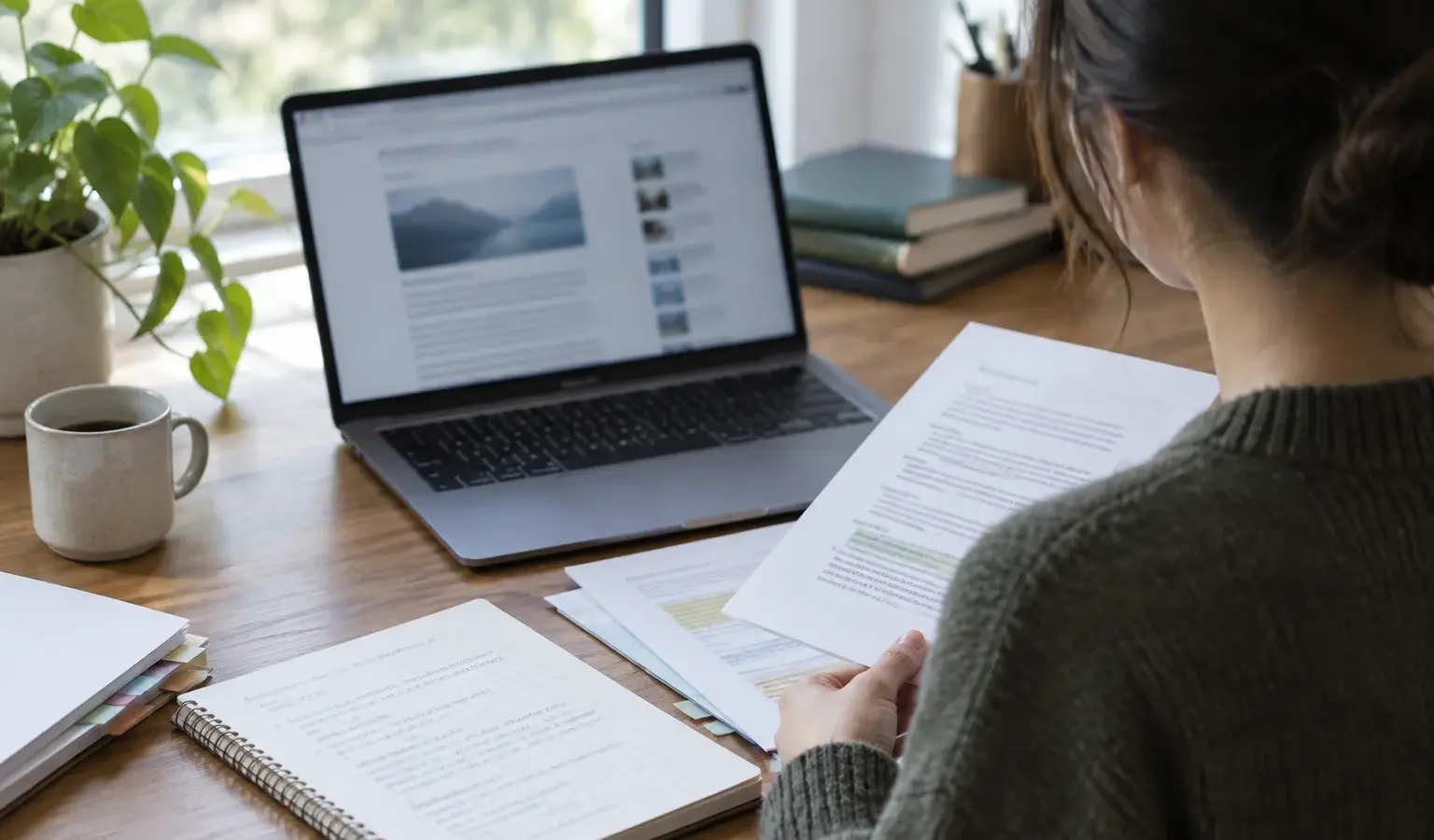 Une personne consulte une publication en ligne et rassemble des documents à son bureau.