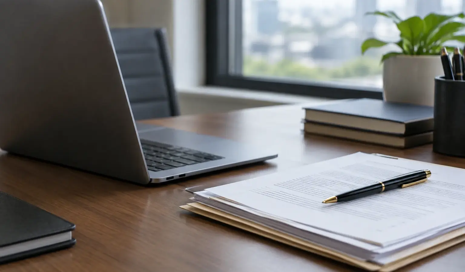 Un ordinateur portable et des documents posés sur un bureau, dans un espace de travail lumineux.