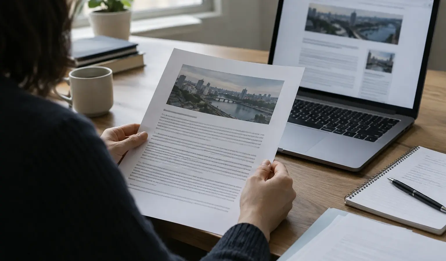 Des mains relisent un article imprimé à côté d’un ordinateur portable et de documents.